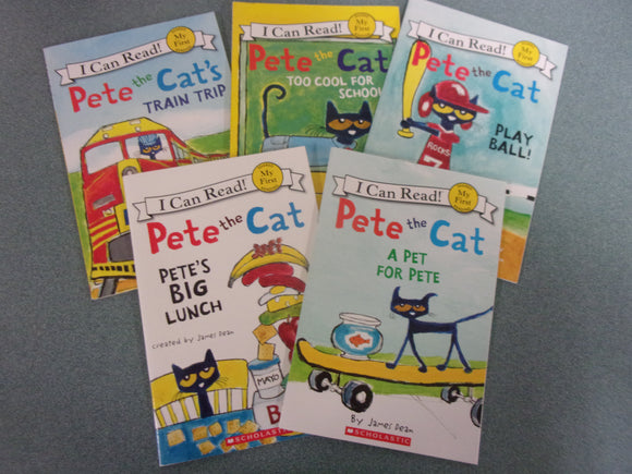 Set of 5 Pete The Cat Early Readers: Train Trip, Too Cool For School, Play Ball!, Pete's Big Lunch, A Pet For Pete by James Dean  (Paperback)